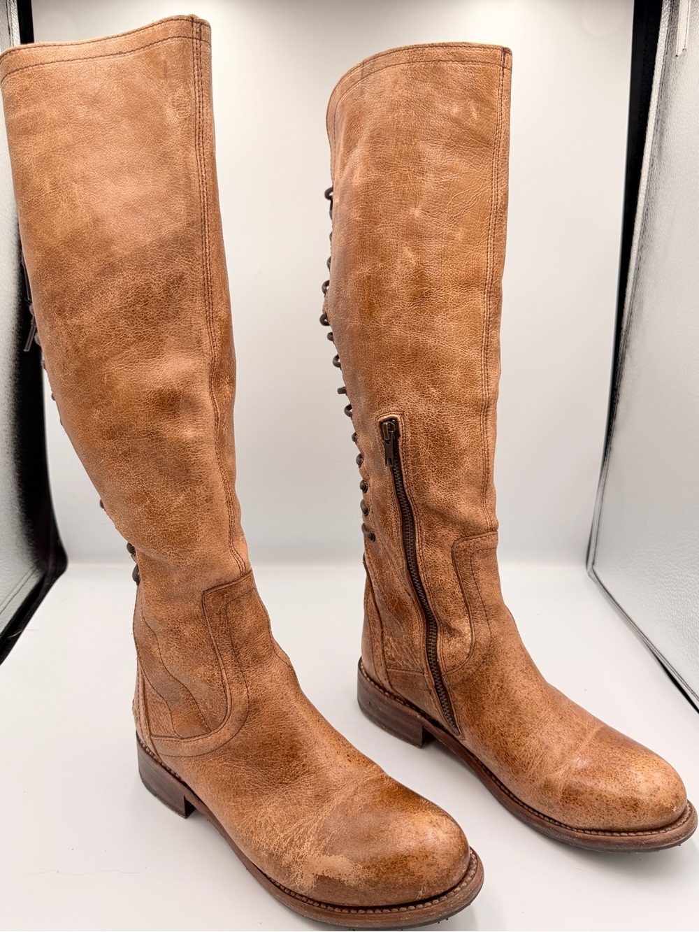 Bed Stu Leather Bench Made Wide Calf Lace Up Back Bohemian Tan Knee High Boots 8